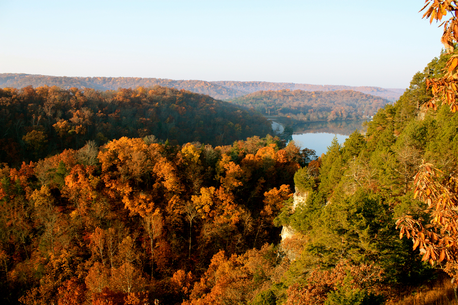 Scenic fall view of the Ozark Mountains and Table Rock Lake in Branson, Missouri