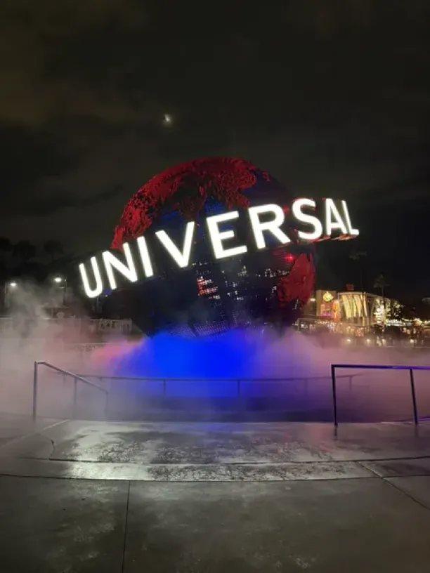 Universal Orlando globe illuminated at night in Orlando, Florida