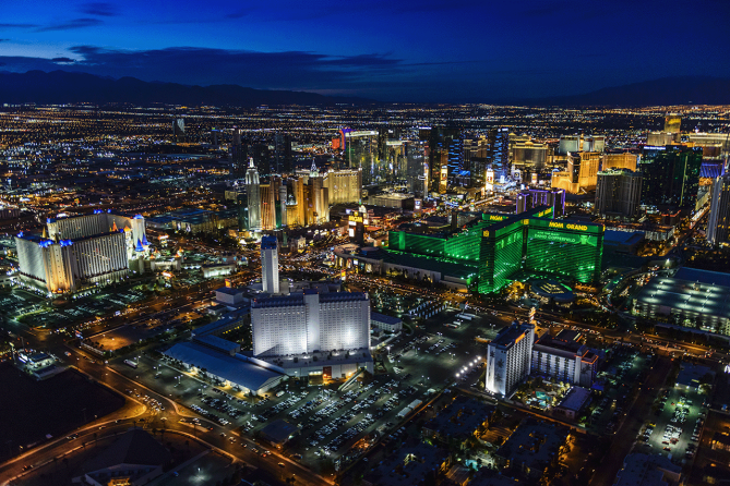 Las Vegas Strip and city lights at night in Las Vegas, Nevada